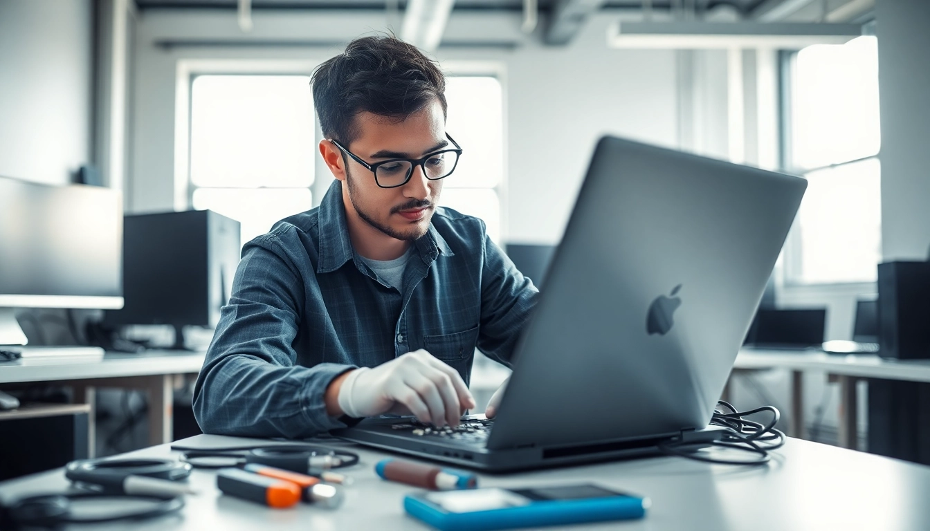 Riparazione computer settimo torinese con un tecnico mentre ripara un laptop in un laboratorio moderno.