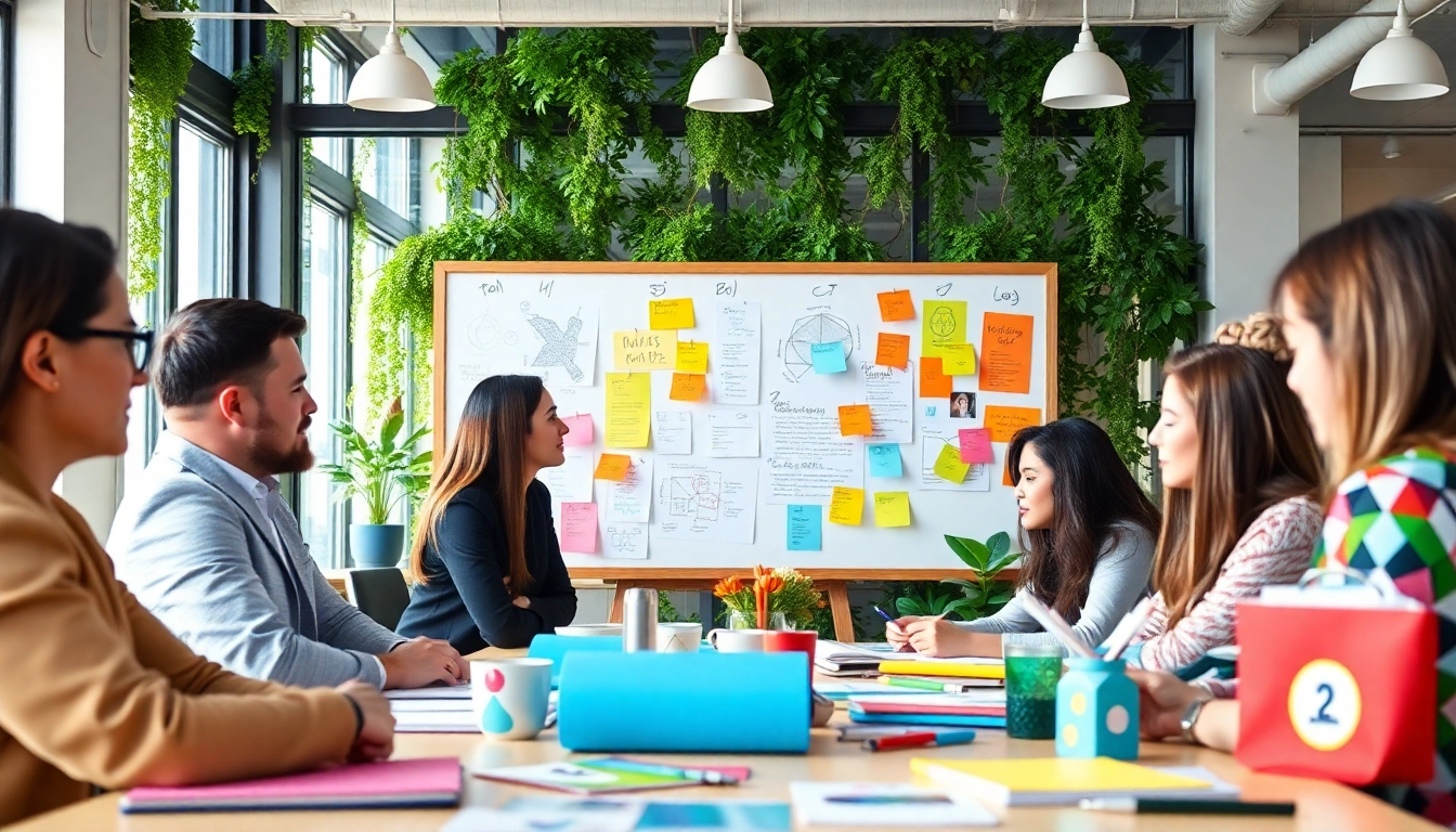 Showcase smart branding solutions with a collaborative team in a vibrant workspace design environment.