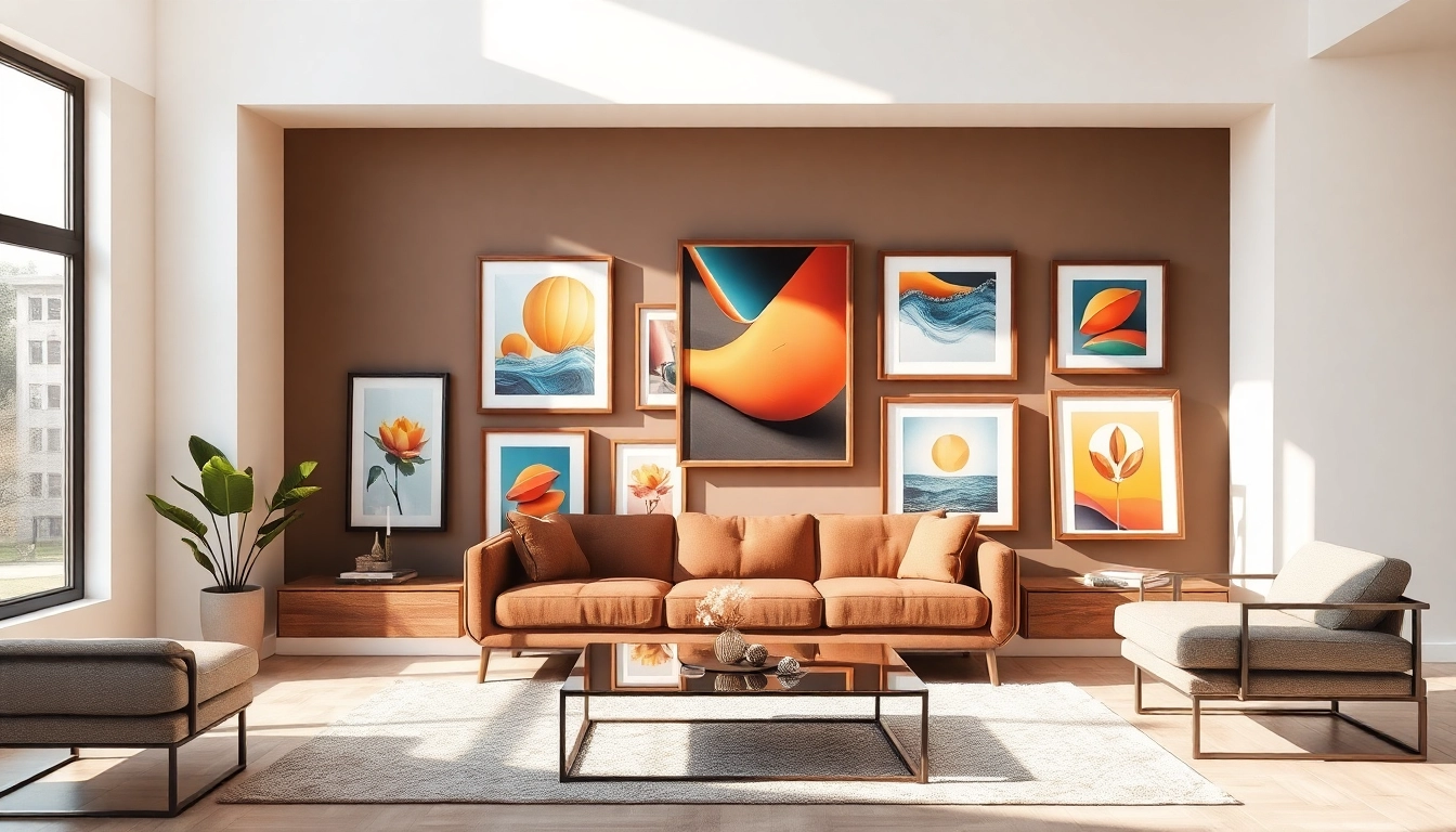 Showcasing modern design picture frames arranged artistically in a contemporary living room.