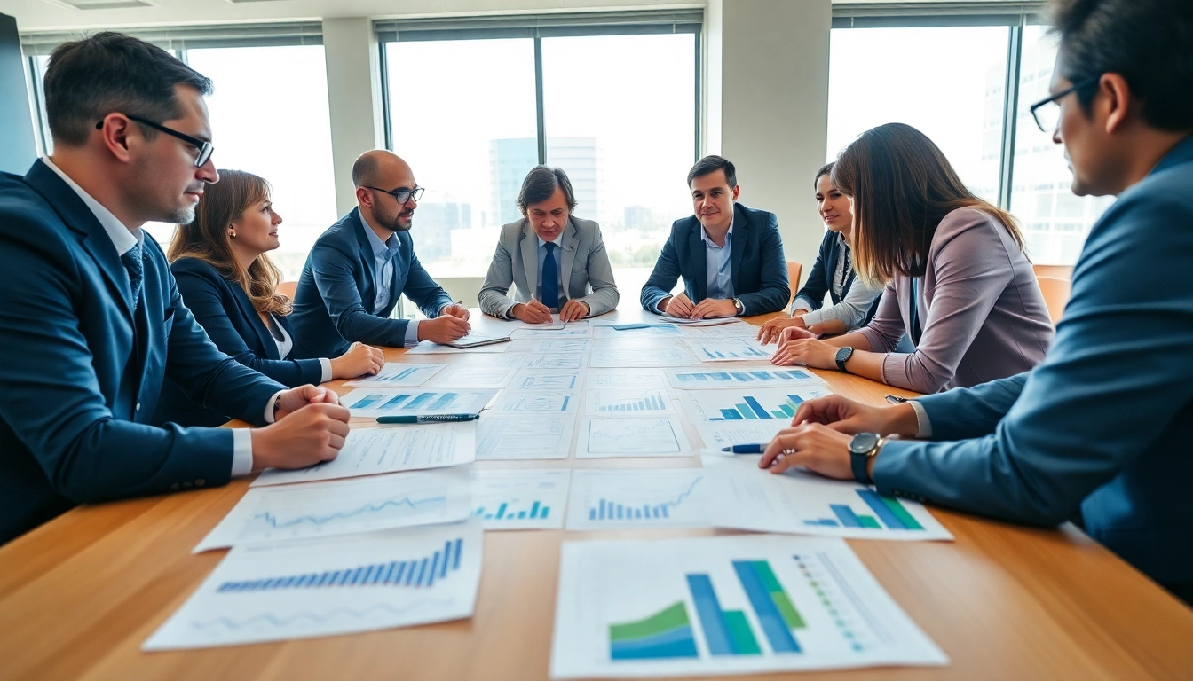 Analyze export tariffs during a business meeting with charts and graphs in a modern office.