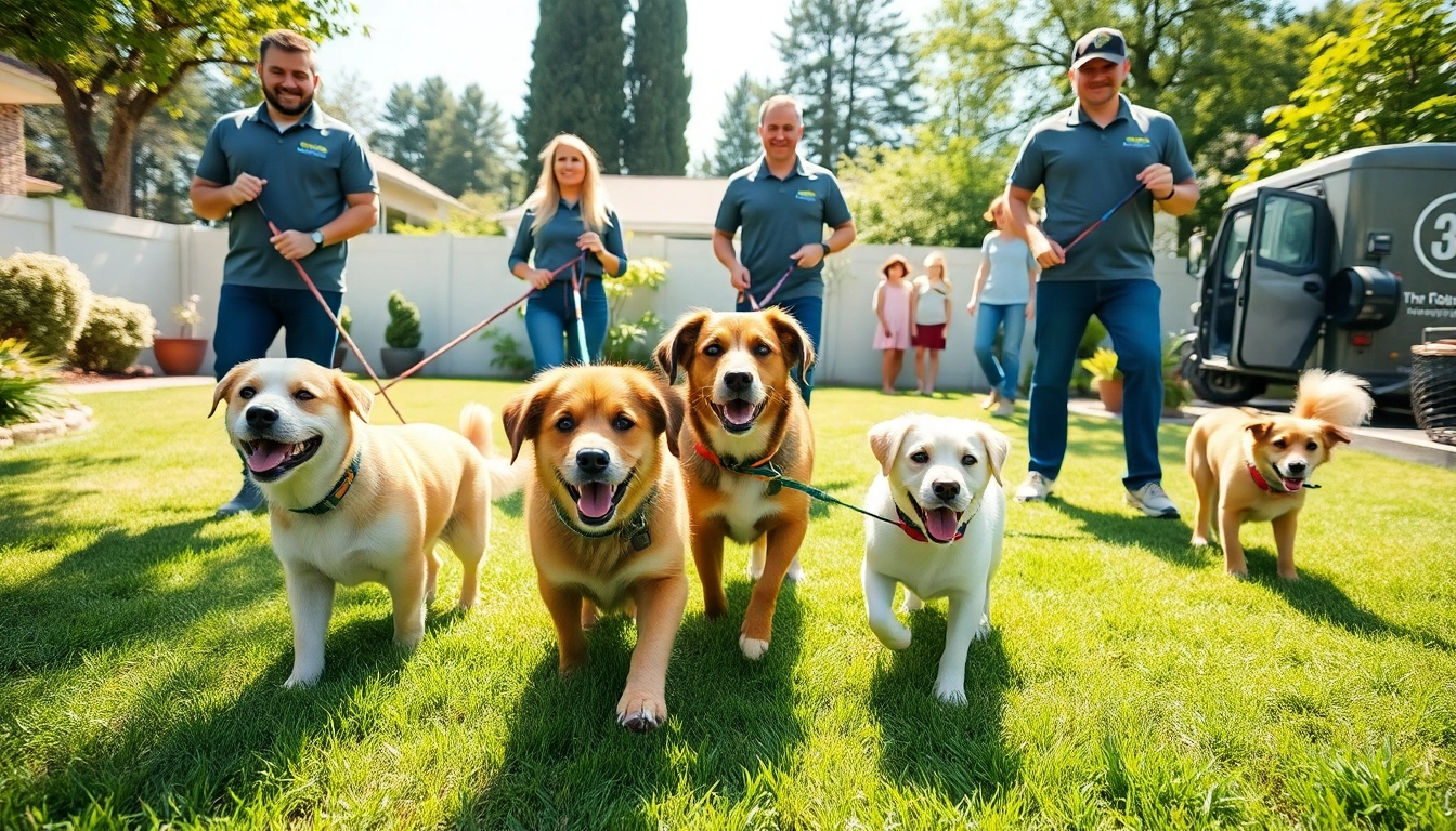 Dog poop pickup service in action with cheerful professionals and playful dogs.