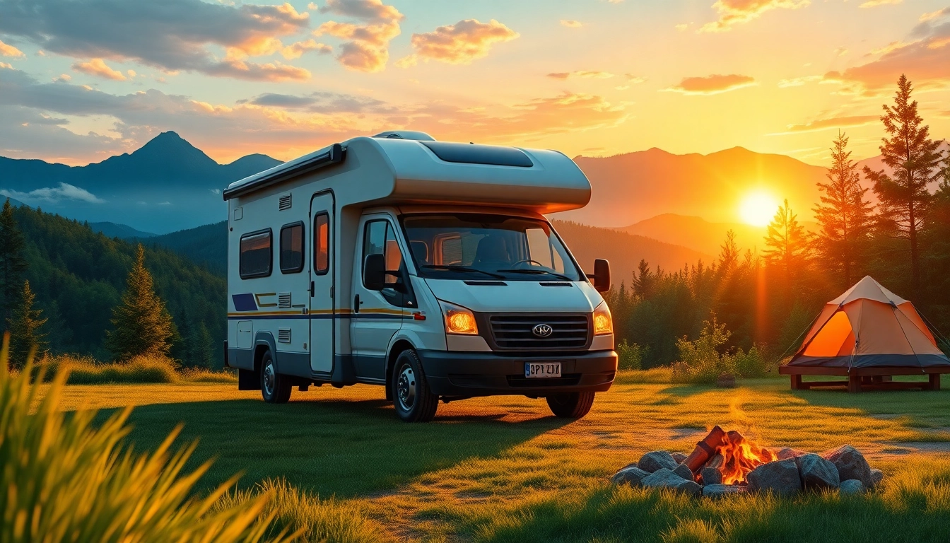 JRP Campers parked in a picturesque campground with scenic sunset lighting.