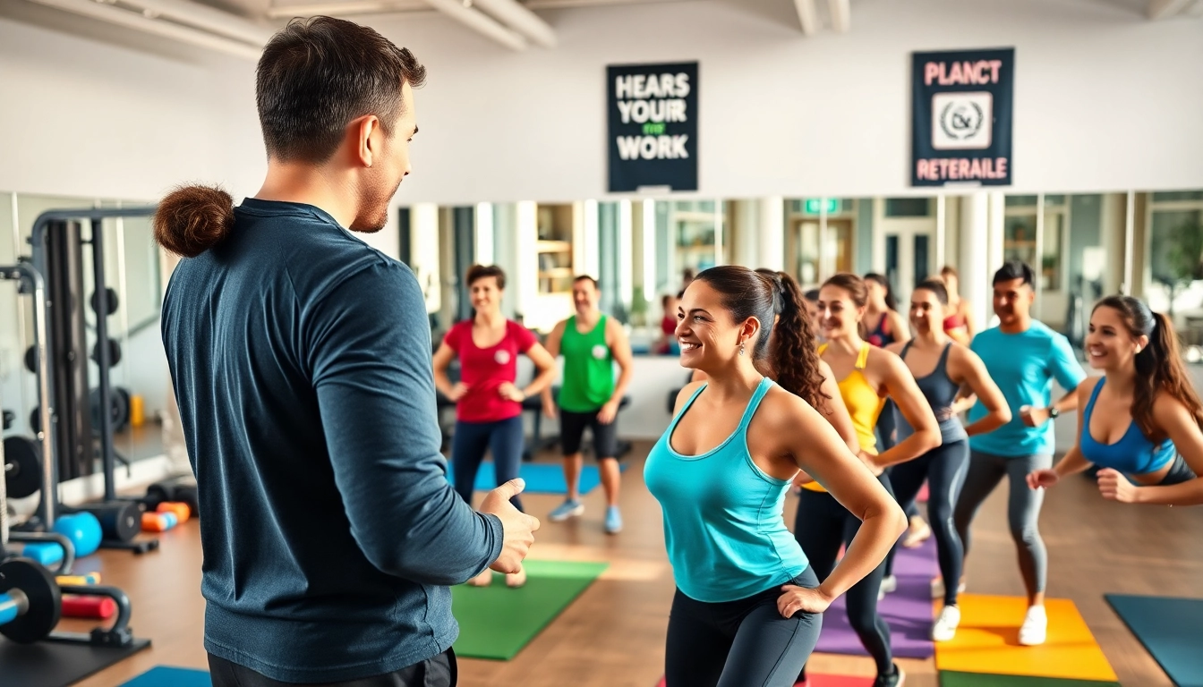 Engaged participants in a gym group training session led by a professional coach.
