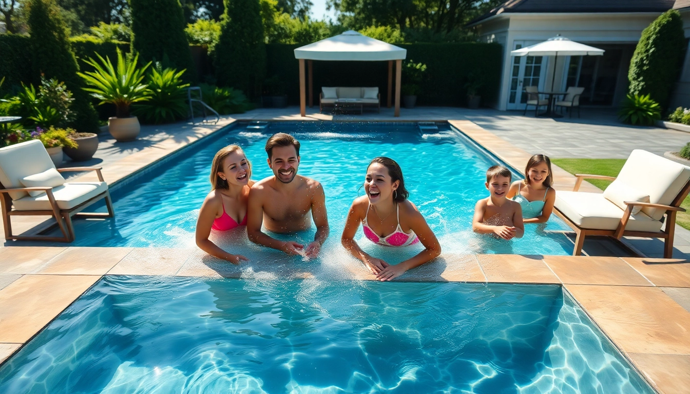 Families enjoying their custom build your own pool in a beautifully landscaped backyard.