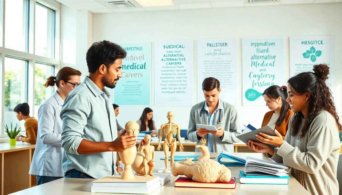 Studierende diskutieren Möglichkeiten im Alternative Medizinstudium in einer modernen Umgebung.