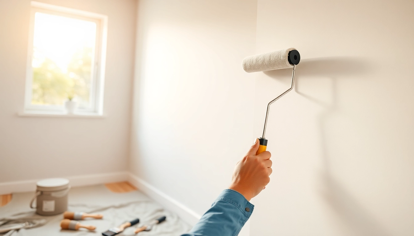Engaged drywall painting contractors near me expertly transforming a room with fresh paint.
