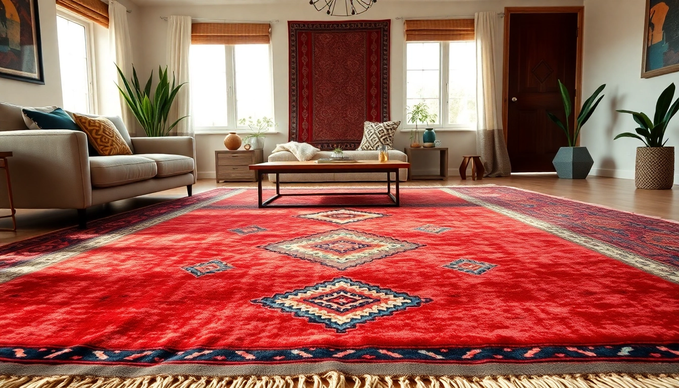 Showcase of Boujaad vintage rugs in a cozy setting, highlighting their vibrant colors and intricate designs.