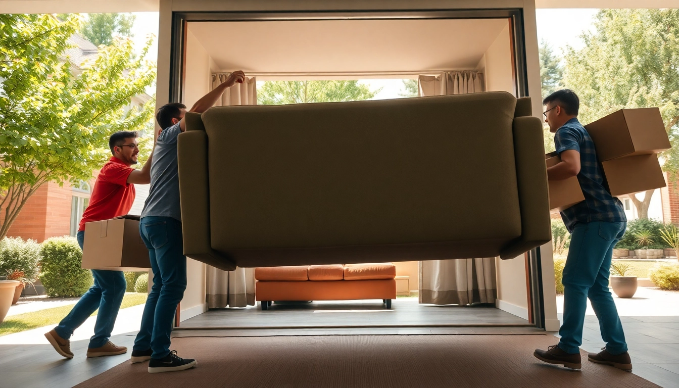 Movers expertly navigating house moves with furniture in a bright urban setting.