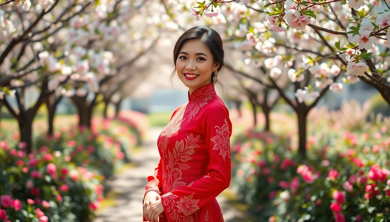 Elegant woman in a Vietnamese Áo Dài poses in a blooming garden.