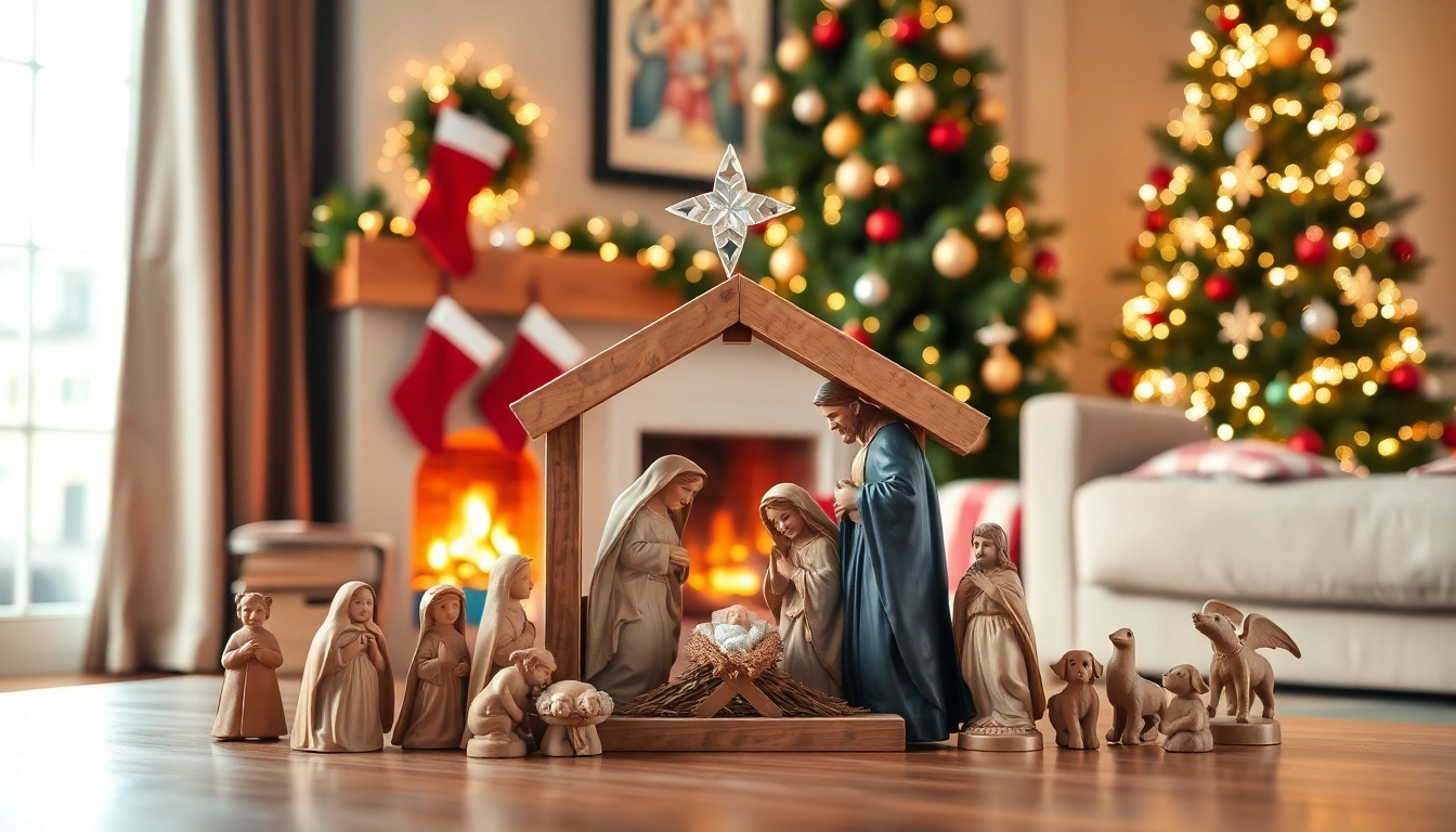 Display nativity sets with beautifully crafted figurines in a warm, inviting room setting.