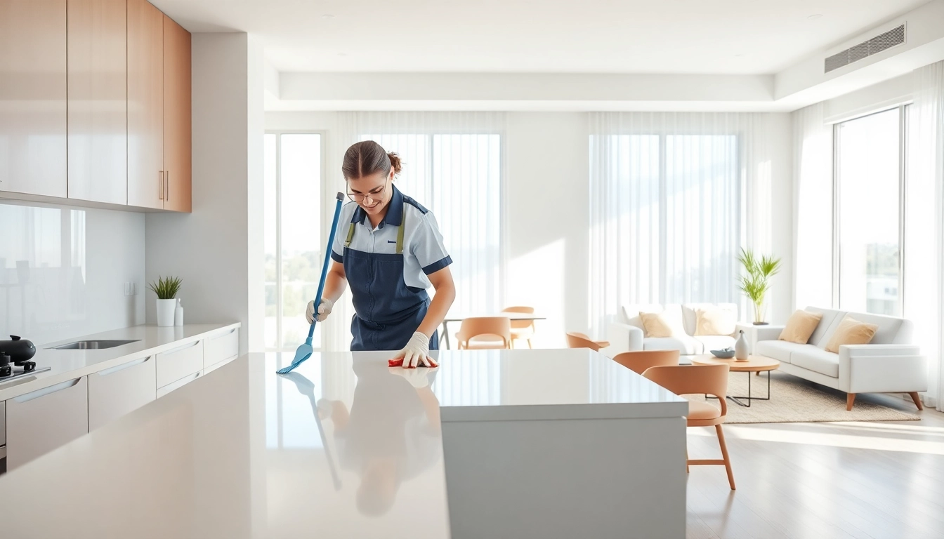 Efficient bond cleaning Brisbane service showcasing a cleaner in a bright kitchen