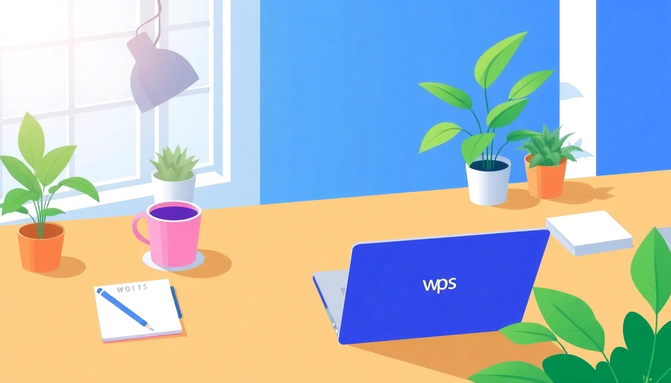 Craft documents with wps中文版 on a laptop in a bright office setting featuring plants and coffee.