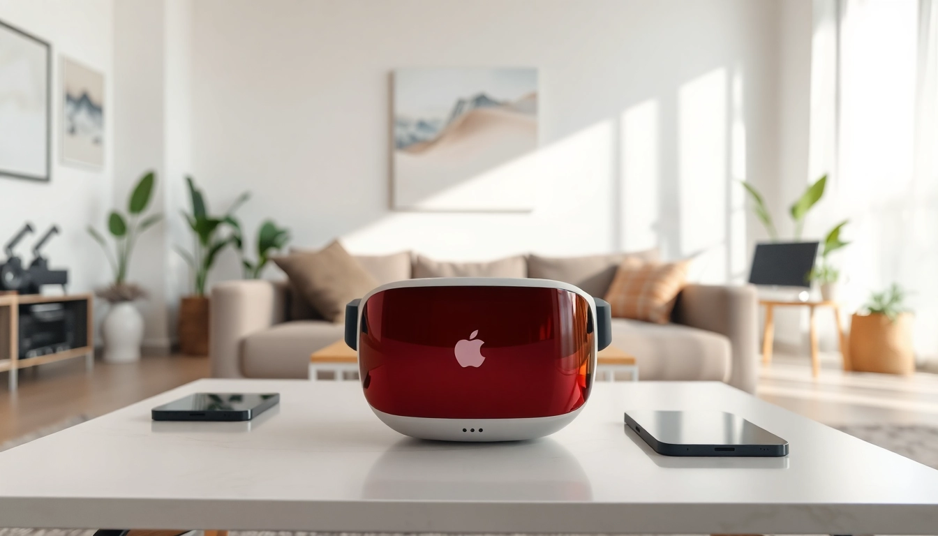 Buy Apple Vision Pro headset displayed elegantly in a modern living room setting.