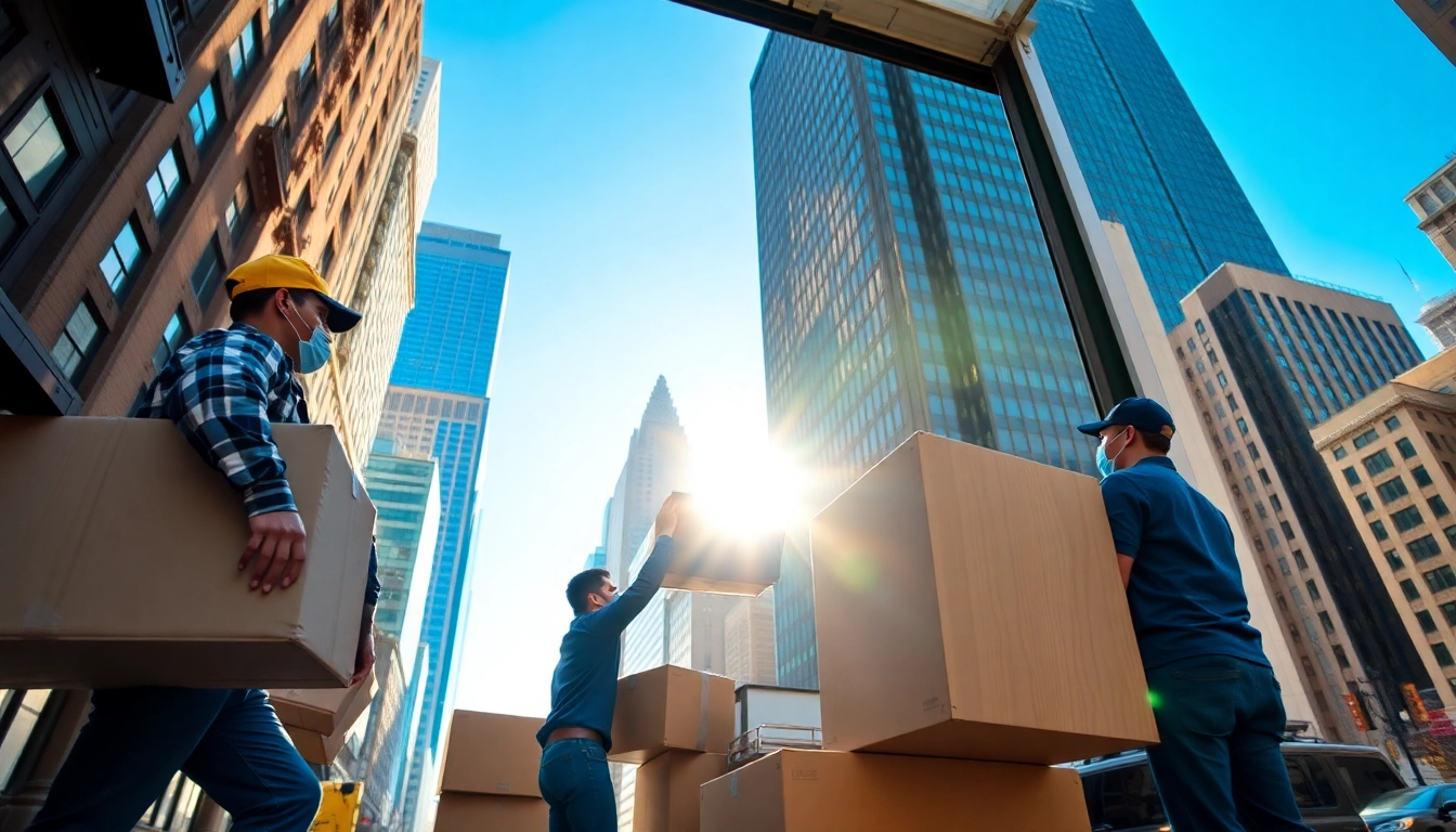 Professional movers from a moving company nyc loading furniture into a truck on a city street.