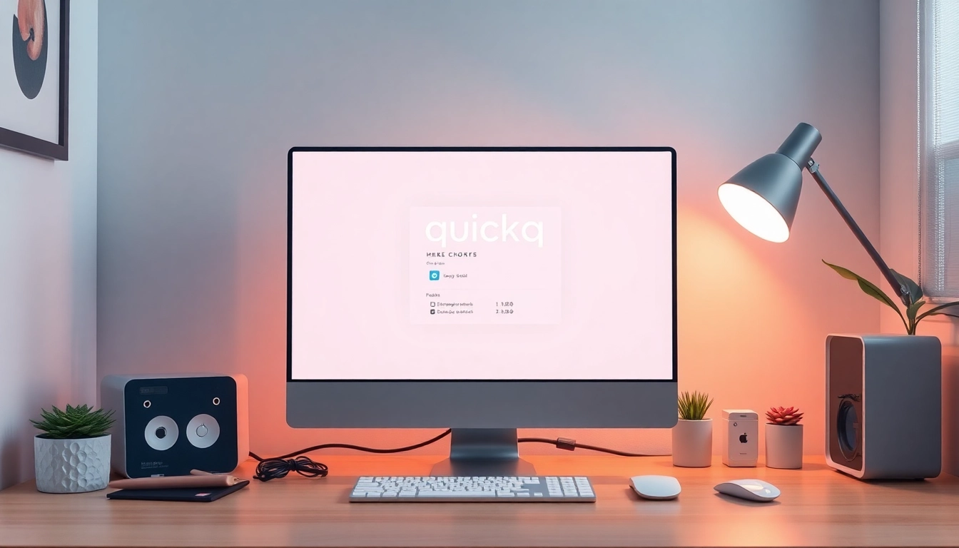 Download quickq电脑版下载 on a stylish computer setup with an engaging interface and a cozy atmosphere.