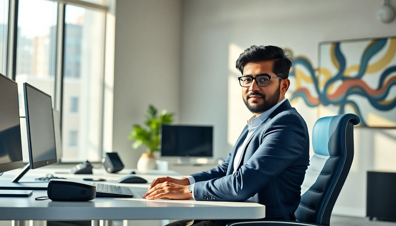 Showcasing aravind srinivas in a modern office, projecting confidence and innovation.