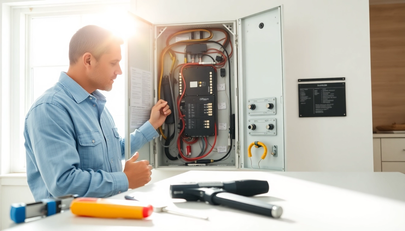 Technician working on an Electrical Panel Clearwater with tools laid out in a professional setting.