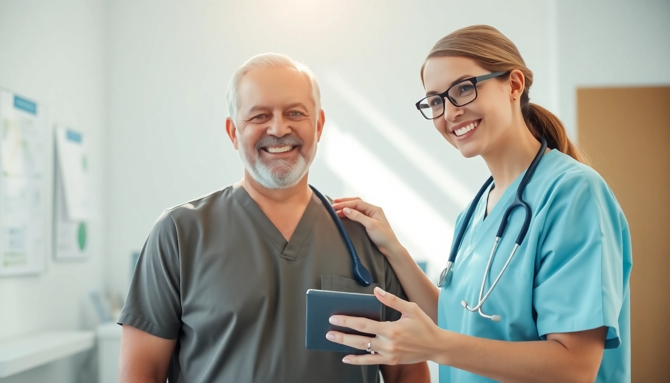 Healthcare support service provider assisting a patient in a well-lit clinic environment.