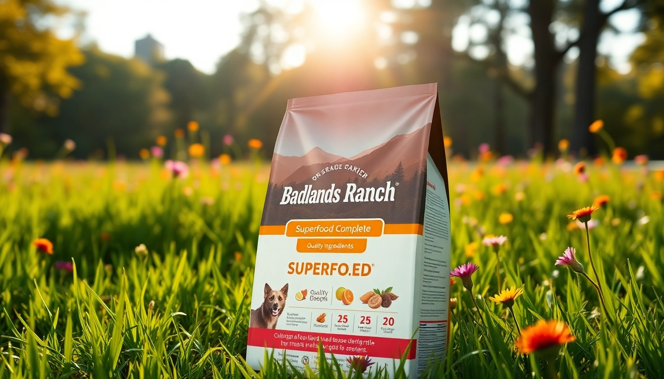 Showcasing badlands ranch superfood complete dog food packaging in a natural outdoor environment.