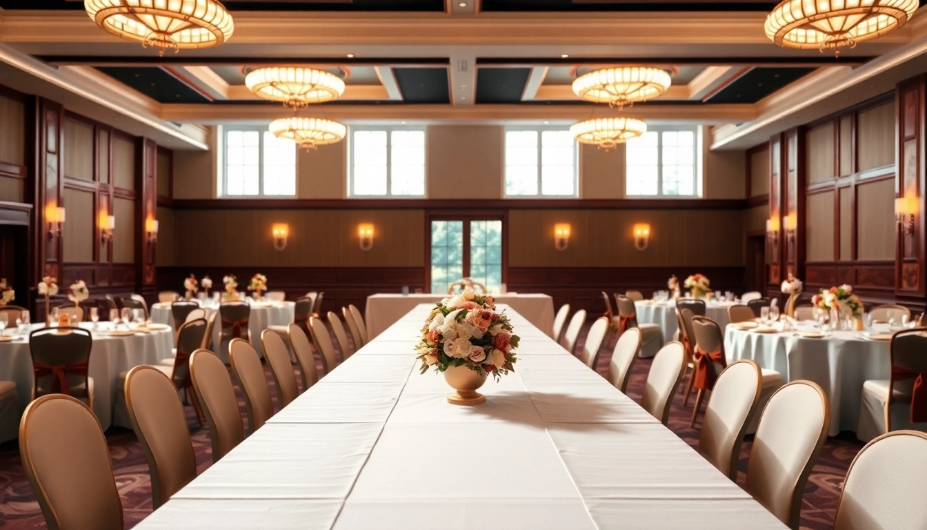 Experience elegance at le prestige hall with a beautifully arranged banquet table and sophisticated decor.