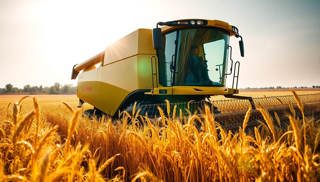 Claas Erntemaschinen bei der Arbeit im Feld mit goldenem Weizen.