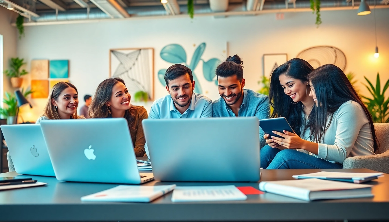 Collaborative social media agency team strategizing in a bright, modern workspace.