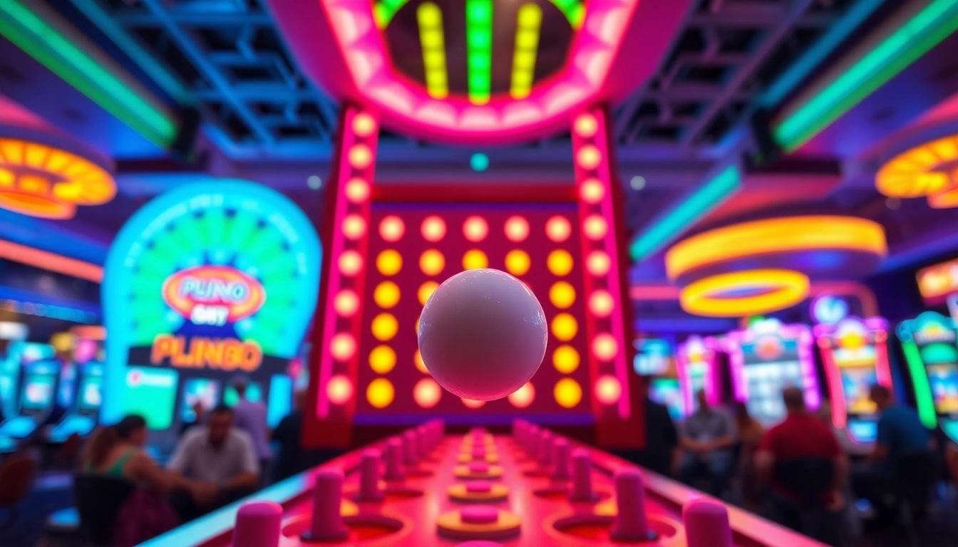 Permainan situs plinko dengan bola jatuh di papan berwarna-warni yang dinamis.