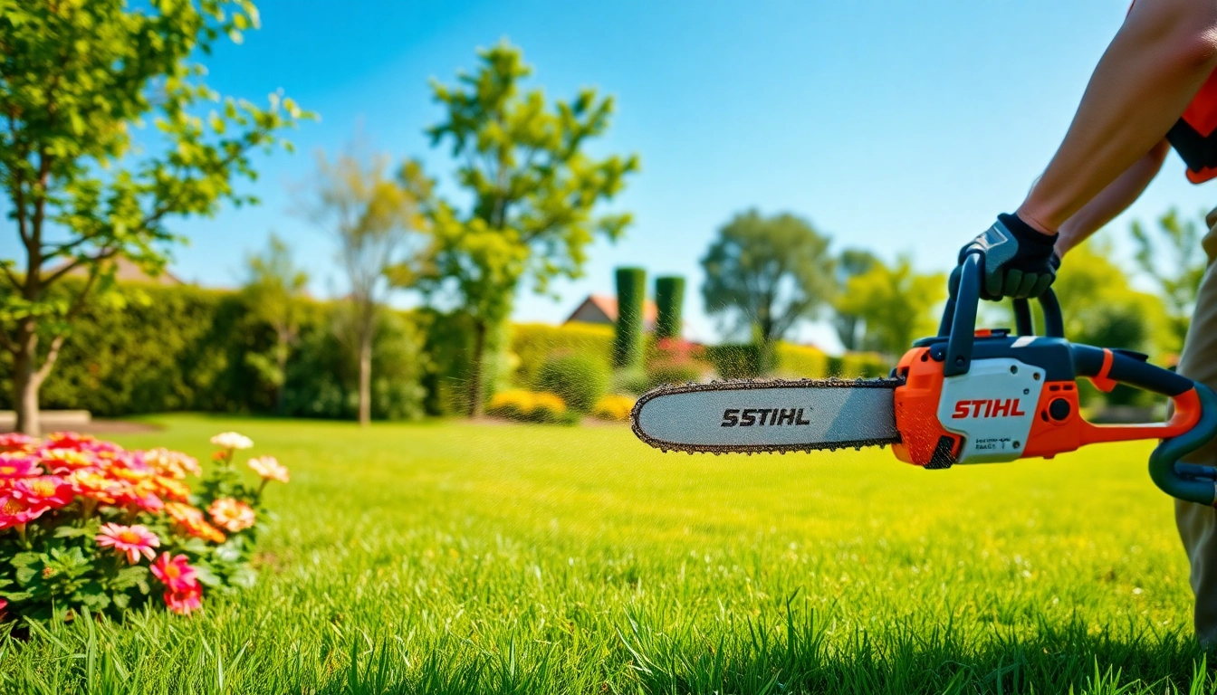 Stihl leistungsstarke Kettensäge in Aktion von einem erfahrenen Landschaftsgärtner.