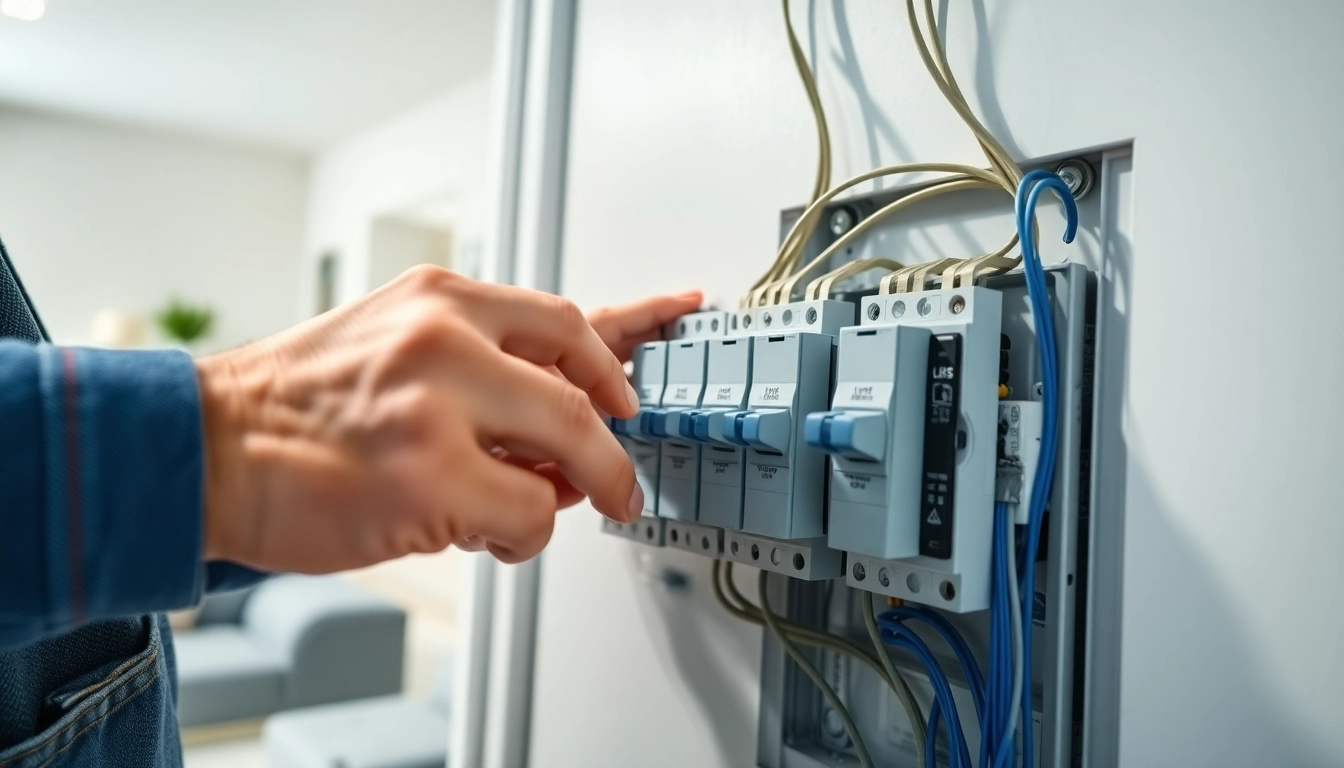 Electrician upgrading an Electrical Panel Clearwater with modern circuit breakers in a bright, professional setting.