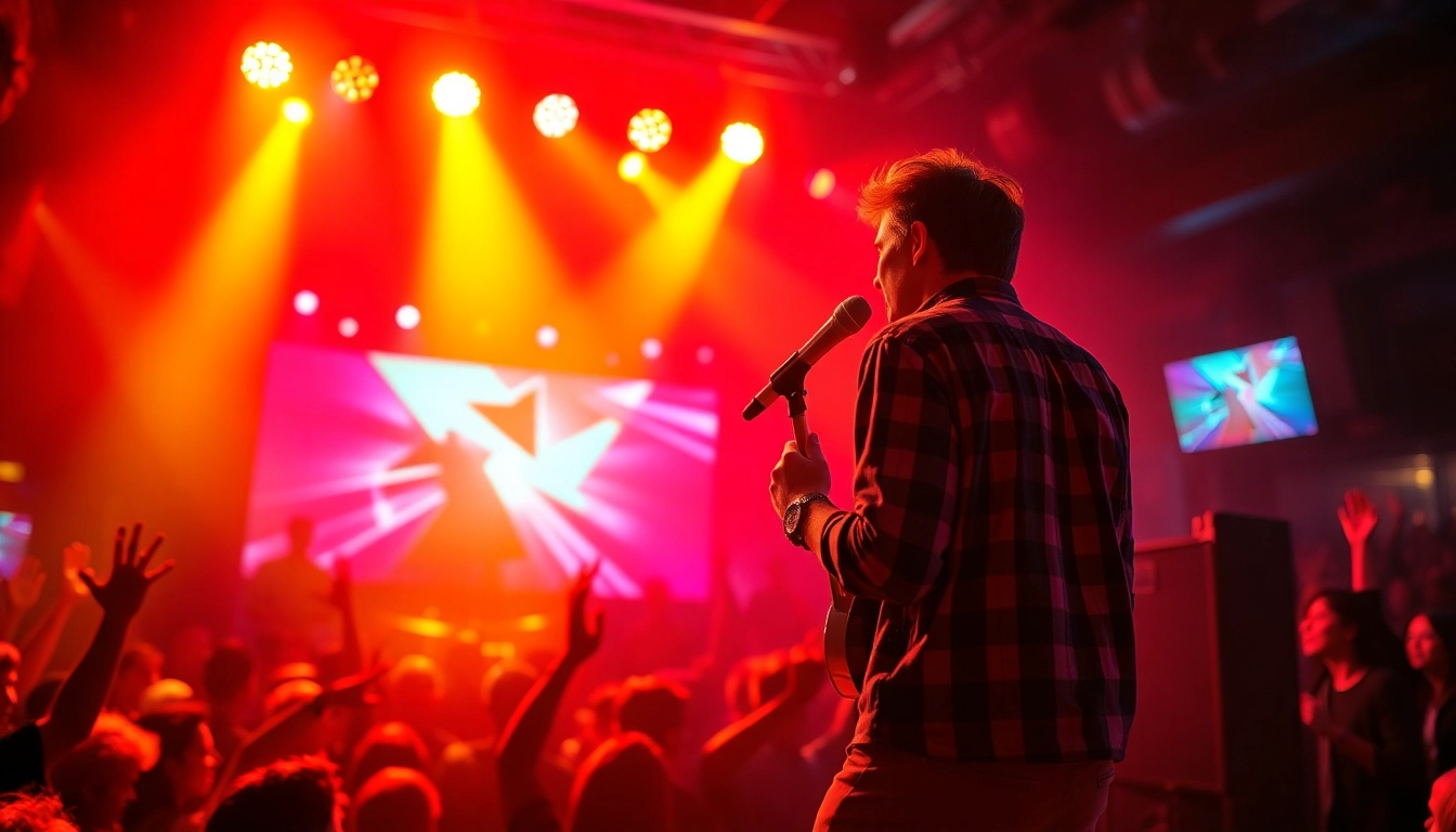 Musician passionately engaging an audience while music pitching on stage.