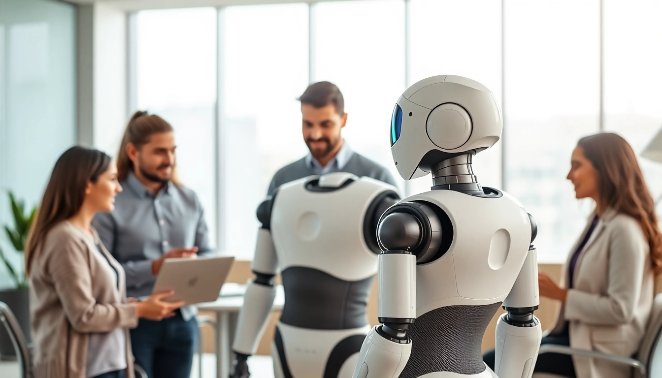 Engaging AI bot for websites assisting users in a modern office environment.