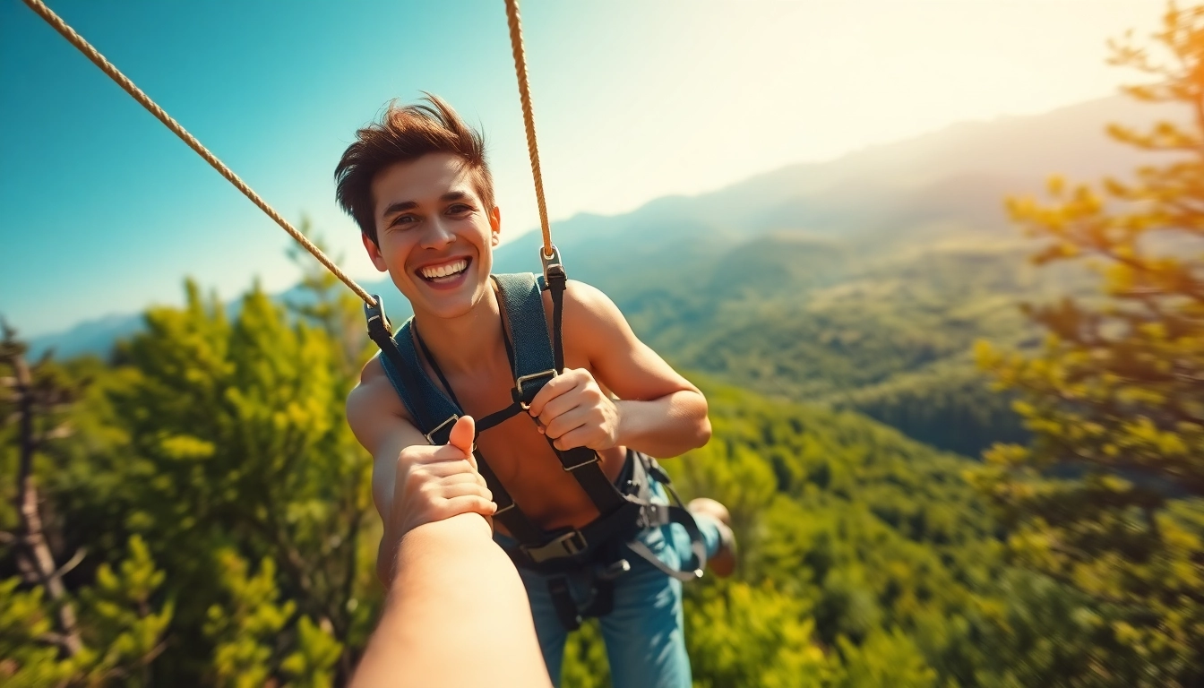 Experience the excitement of ZIP WIRE KITS with a person joyfully soaring through the trees.