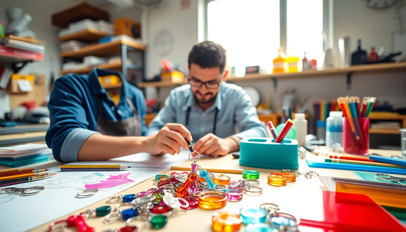 Acrylic keychain maker crafting custom designs with colorful materials and tools.