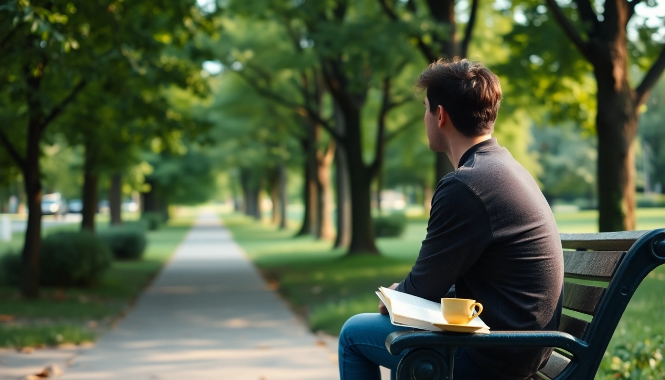 A person reflecting while dealing with depression in a peaceful park setting, with a diary and tea nearby.