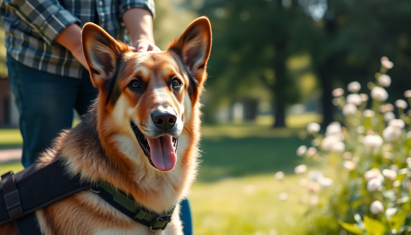 Supportive PTSD service dog for sale offering comfort in a peaceful park setting.