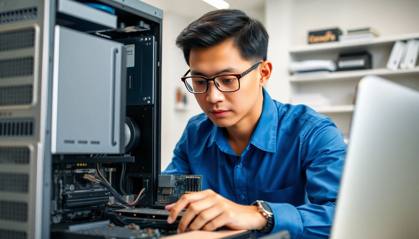 Technician performing a computer repair, focusing on the motherboard in a bright workspace.