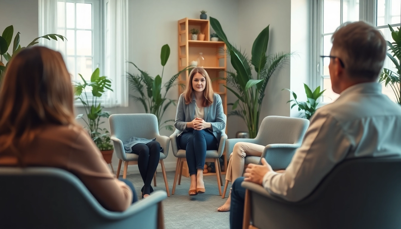 Facilitating healing trauma through a supportive group therapy session in a peaceful setting.