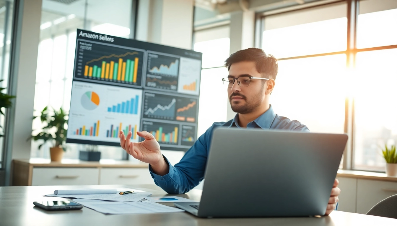 Selling wholesale on amazon with a businessperson analyzing data in a modern office.